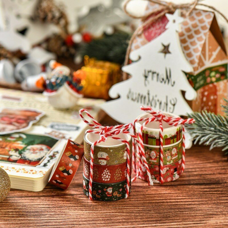크리스마스 와시 테이프 세트, 눈송이 사슴, 크리스마스 트리 장식 자체 접착 테이프, 선물 포장 스크랩북용, 6 롤