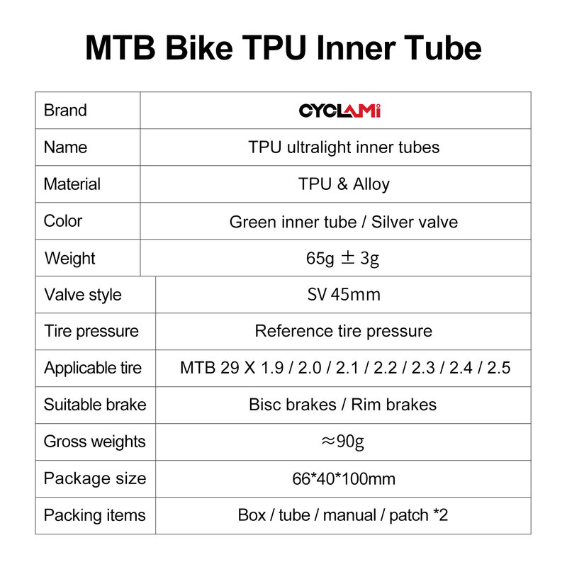 CYCLAMI Ultralight Bike Inner Tube 26 27.5 29 Inches MTB Bicycle TPU Material Tire 45mm French Valve Super Light Anti-Oxidation
