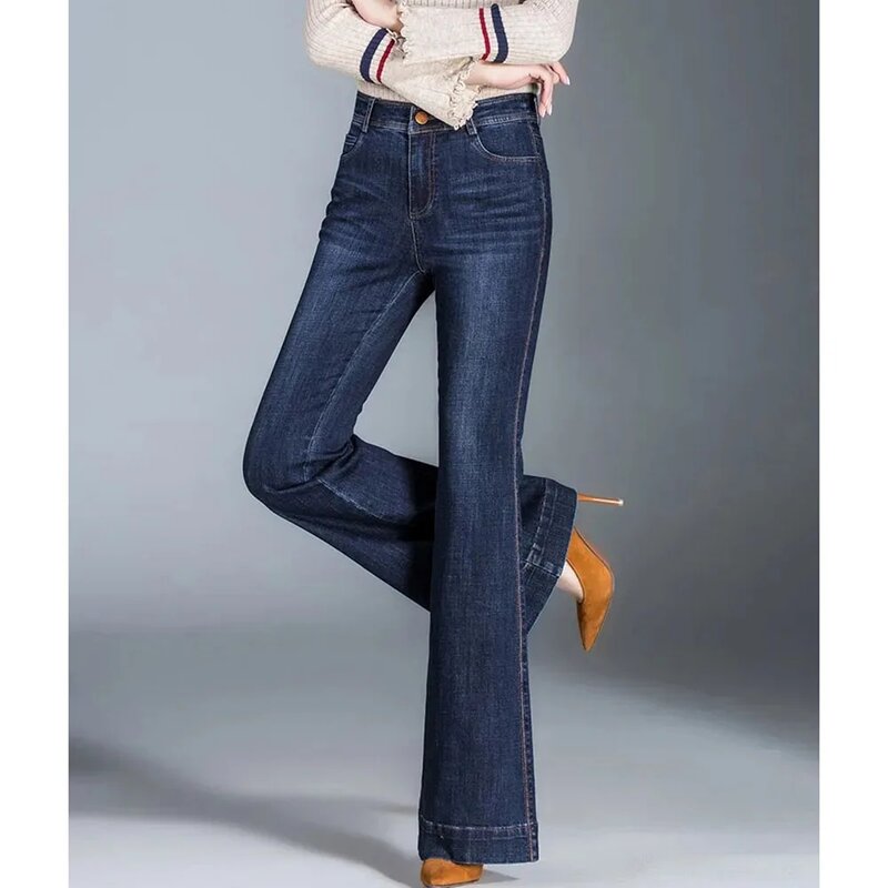 Женские брюки-клеш с высокой талией, широкие брюки из денима в Корейском стиле, большие размеры, Осень-зима