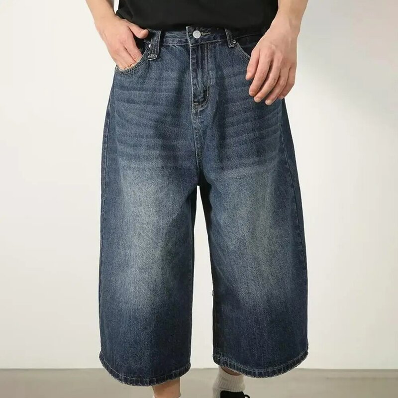 Jeans corti estivi da uomo Jeans corti a gamba larga con colore sfumato estivo da uomo con chiusura a cerniera con bottone a vita media per Streetwear