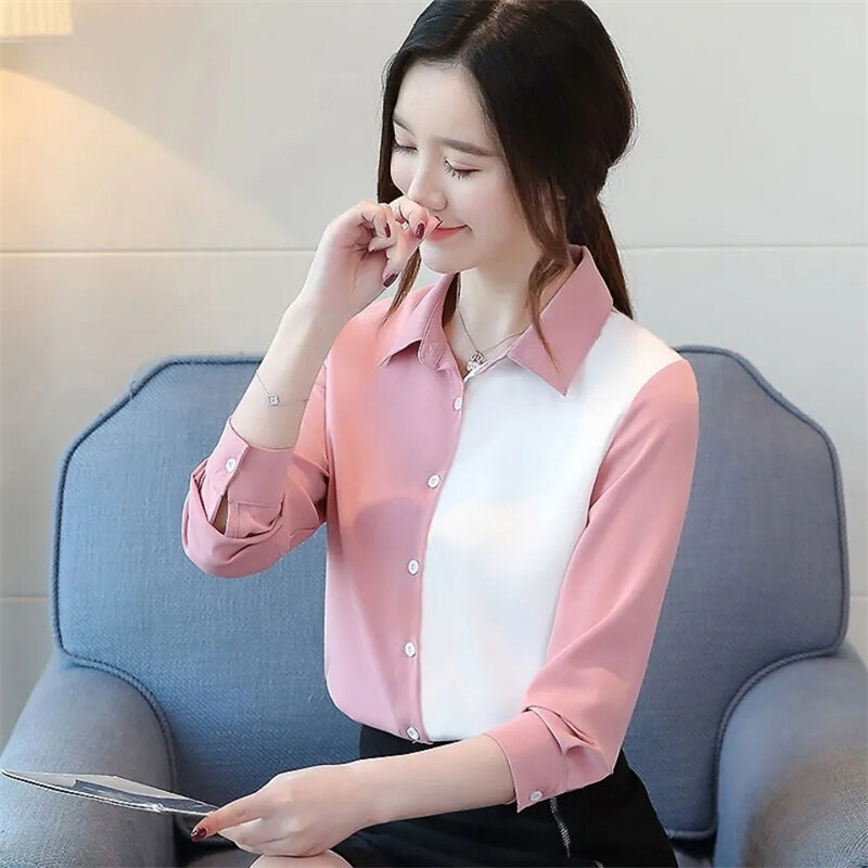 Camisa coreana de chiffon de manga comprida com gola alta para mulheres, cardigã feminino, jaqueta solta, bloqueio de cores, primavera, outono, nova