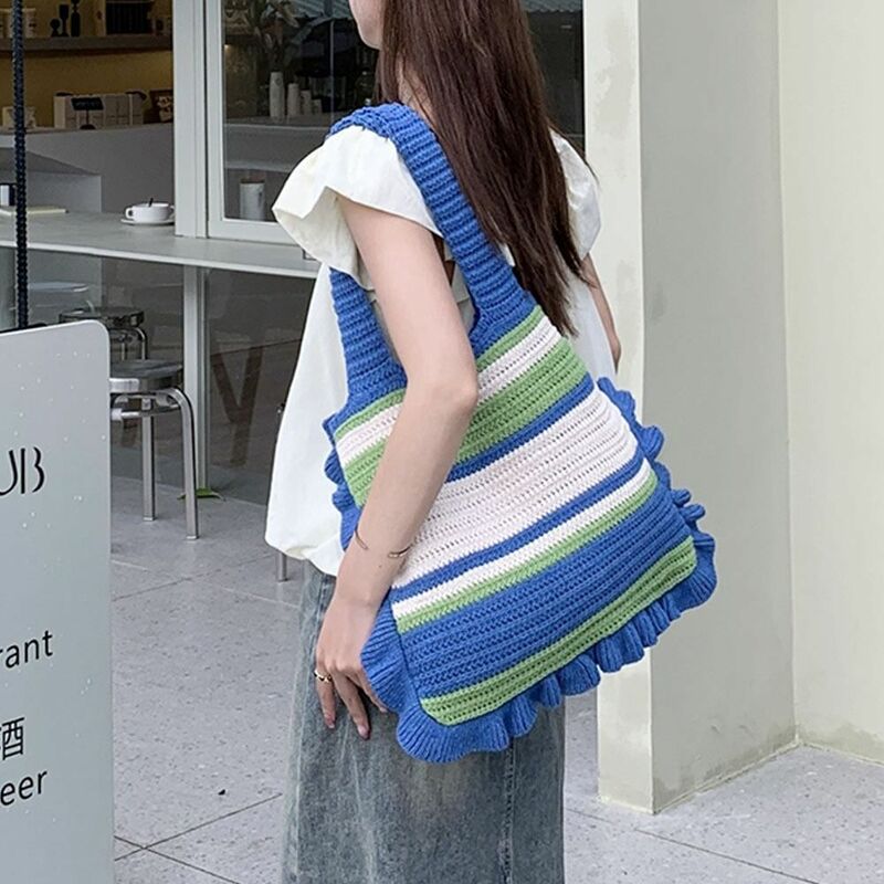 حقيبة كتف بنمط مخطط للنساء ، حقائب حمل ذات سعة كبيرة ، قابلة لإعادة الاستخدام ، محبوك ، التسوق ، الفتيات ، الموضة