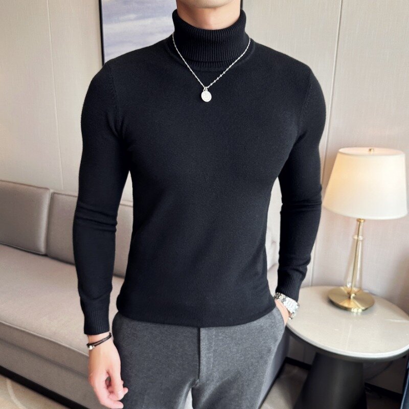 Men's Autumn and Winter High Neck Knit Sweater  Slim Fit Long Sleeve Pullover Solid Color Tops