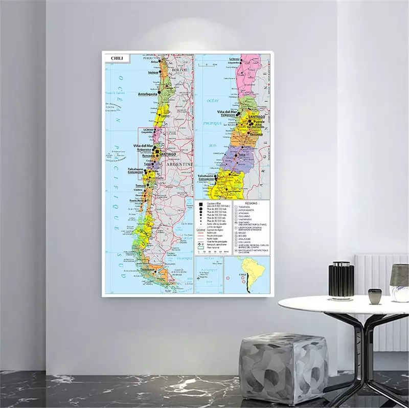 Póster grande de 150x225 cm para decoración del hogar, lienzo no tejido, para sala de estar, suministros escolares, mapa política de Chile (en francés)
