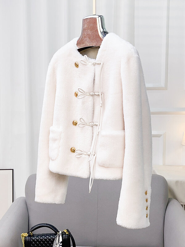 Princess dress tassel buckle 2024 winter Chinese style lamb fur integrated sheep shearing fur coat for women