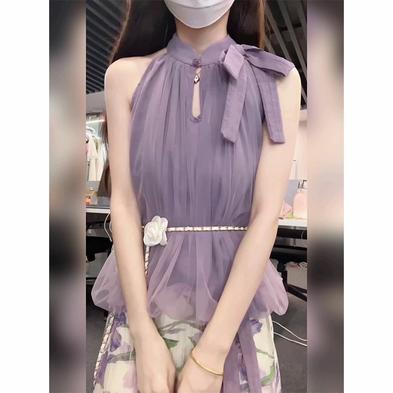 Dress women's 2024 new summer gentle temperament purple off-the-shoulder gauze hanging neck top sweet printed skirt