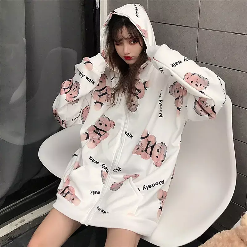 Female bear hooded sweatshirt 2021 spring and autumn new hooded cardigan zipper couple tide brand jacket tide net red clothes