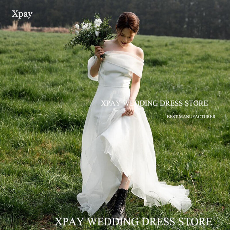 XPAY gaun pernikahan bahu terbuka putri gaun pengantin elegan Organza Korea untuk pemotretan pesta kustom punggung terbuka