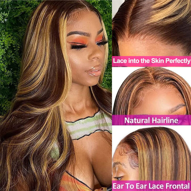 Perruque Lace Front Wig Body Wave Naturelle, Cheveux Humains, 13x4, 13x6, 4/27 Coloré, Transparent, 30 34 Pouces