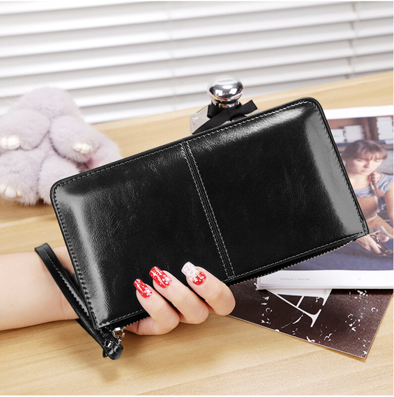Ladies Long Wallet Casual Phone Bag Zipper Multilayer Oil Wax Leather Ladies Handbag Shopping Coin Purse Card Holder
