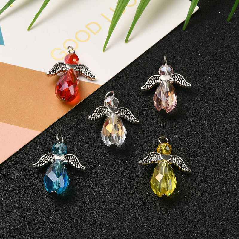 100pcs Electroplate Angel Fairy Glass Charms Pendants with Alloy Wing and Iron Findings for Necklace Jewelry Making 27~29mm long