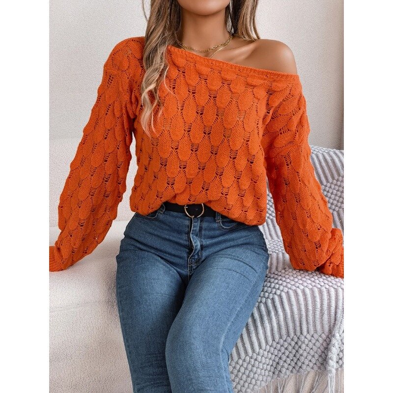 Casual Loose Knit Pullover Sweater Winter Women's Pullovers Feather Hollow O-neck Solid Sexy Off Shoulder Lantern Sleeve Sweater