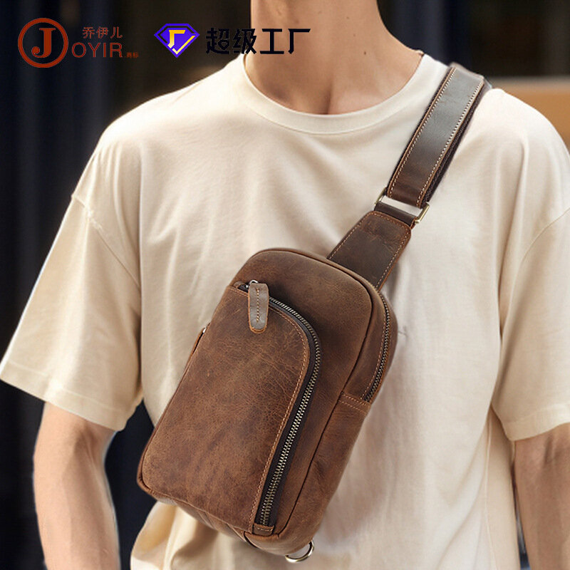 Handmade Genuine Leather Chest Bag Sports Phone Bag Men's Retro Large Capacity Crossbody 7.9 inch Mini ipad Men's Bag Leathfocus