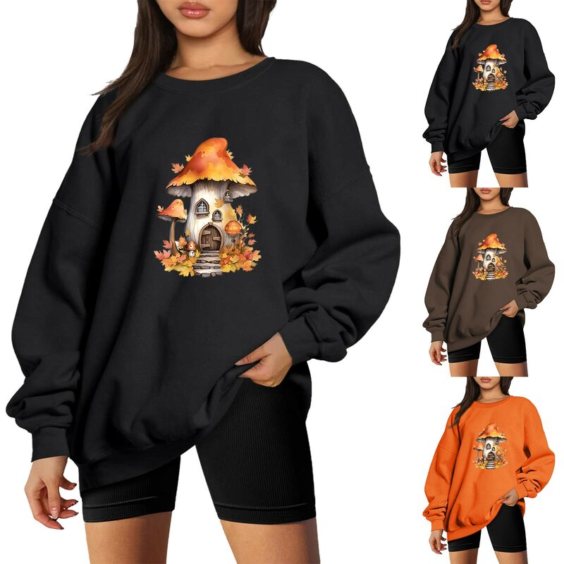 Mushroom Print Women Sweatshirts Vintage Oversized Crewneck Tops Woman Drop-Shoulder Pullovers Sweatshirts Tops Streetwear