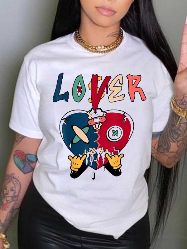 LW Cartoon Lover Letter Print T-shirt summer short sleeve Women T-shirt Loose Crewneck Tops Street Casual Tee Top