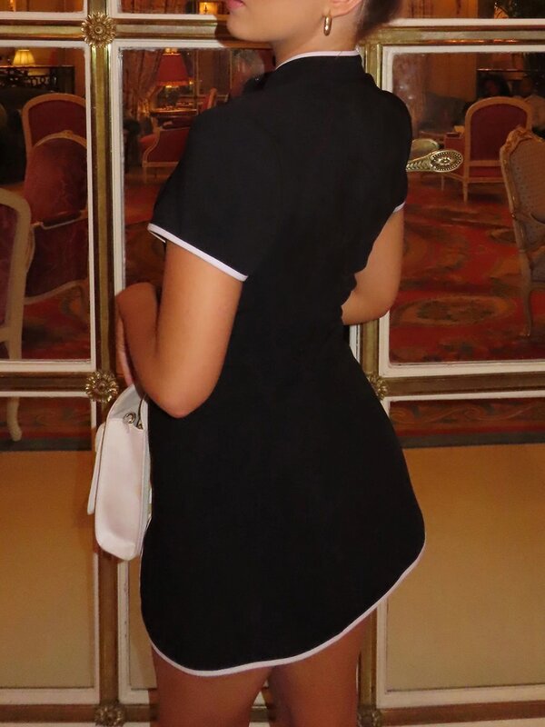 Damska Y2k sukienka z krótkim rękawem wycięta w stylu Vintage Mini sukienka typu Bodycon z rozcięciem Mini bajkowa suknia w stylu qipao moda uliczna