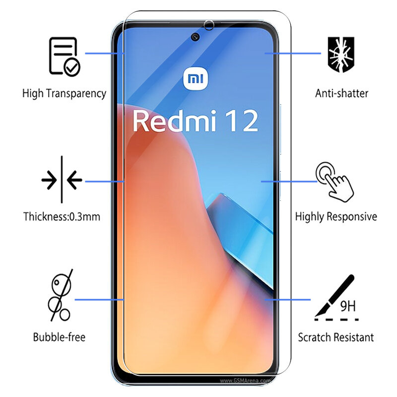 Cobertura Completa de Vidro Temperado para Xiaomi, Redmi 12, Protetor de Tela 4G, Redmi 12, Redmi 12, 6.79 ", Películas De Armadura De Proteção, 1-4pcs