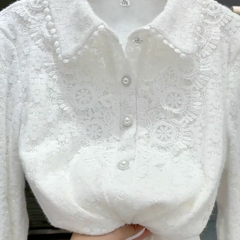 Белая универсальная модная жаккардовая рубашка с открытым стежком, Офисная Женская шикарная пикантная Свободная Повседневная Блузка с длинным рукавом и воротником-поло для весны и осени
