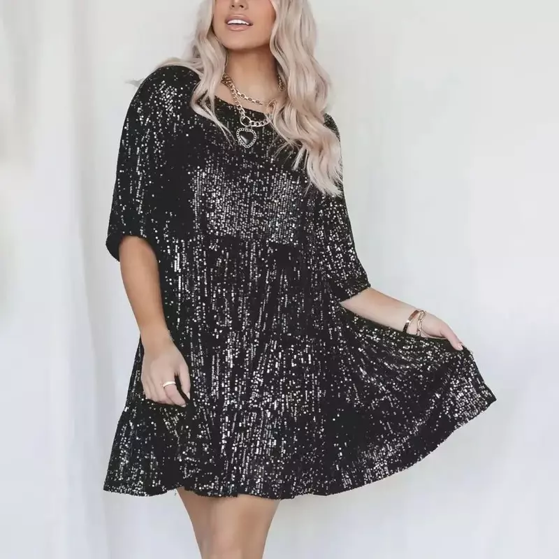 Sparkle-Sequins Summer T-Shirts Dress Women's Short Sleeve Crew Neck Loose Mini Dress Street Daily Party Casual Dress