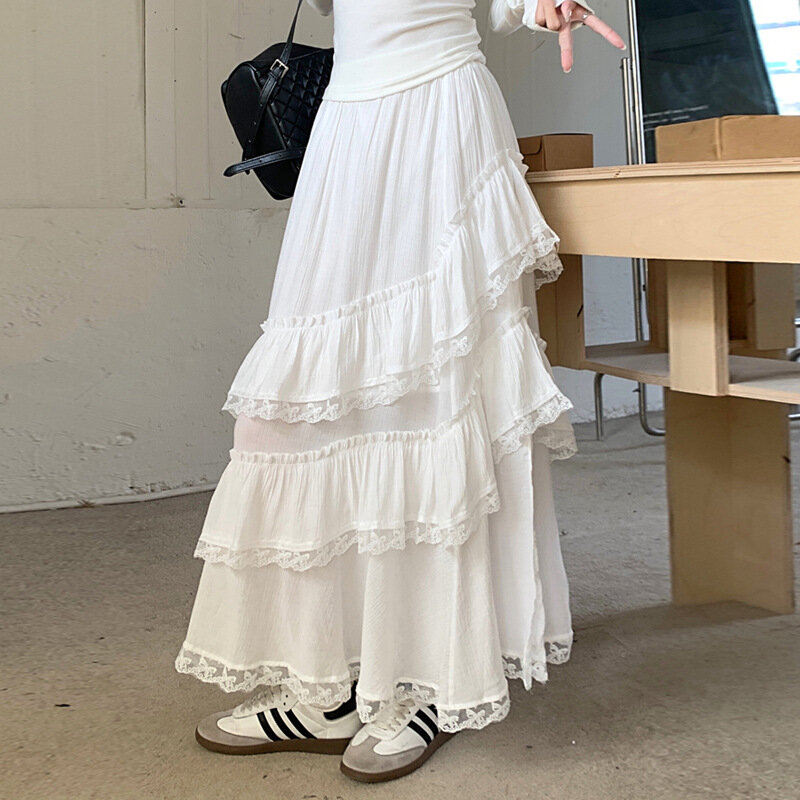 Biała czarna długa spódnica damska szydełkowa koronkowa spódniczka 2024 Goth Lolita lato wysoki stan wysoki, niski marszczony plisowana spódnica z falbanami
