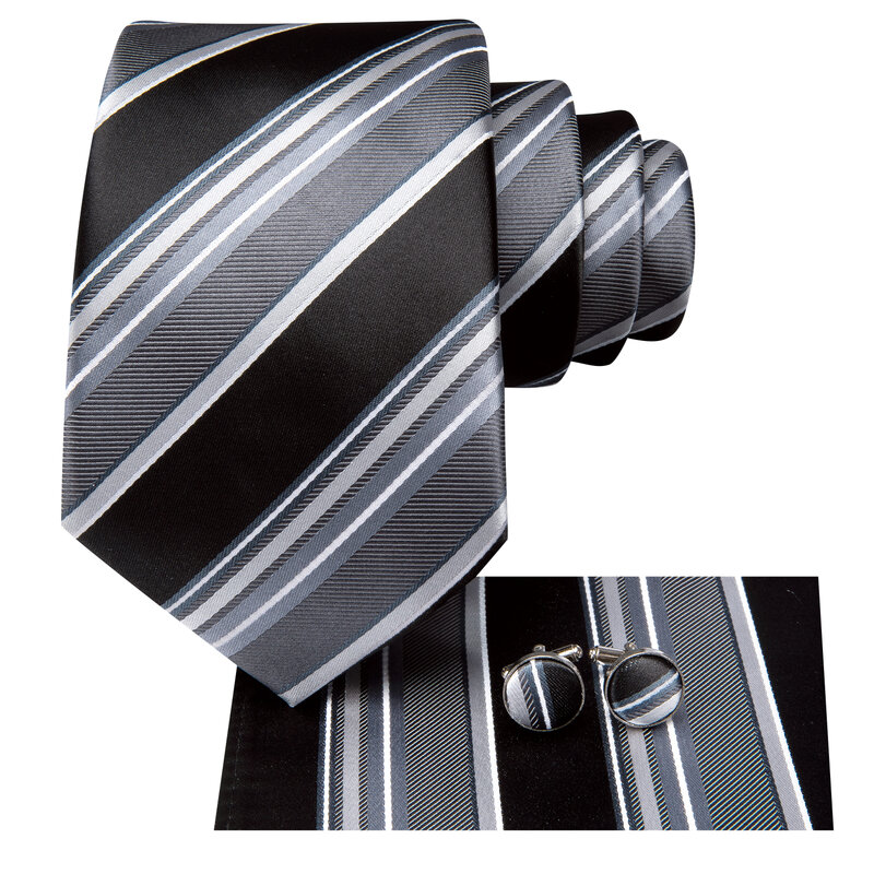 Hi-Tie Black Grey Striped Designer Elegant Men Tie Jacquard Necktie Accessory Cravat Wedding Business Party Hanky Cufflinks