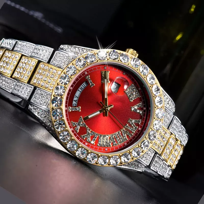 18k banhado a ouro relógio masculino hip hop iced para fora dos homens relógios feminino luxo aaa diamante quartzo relógio de pulso feminino duplo calendário relogio