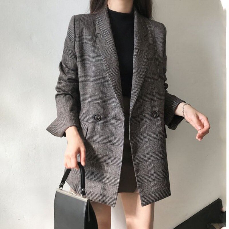 Женские зимние клетчатые блейзеры, пальто, корейская мода, элегантная однотонная плотная куртка, женское двубортное офисное длинное пальто для дам