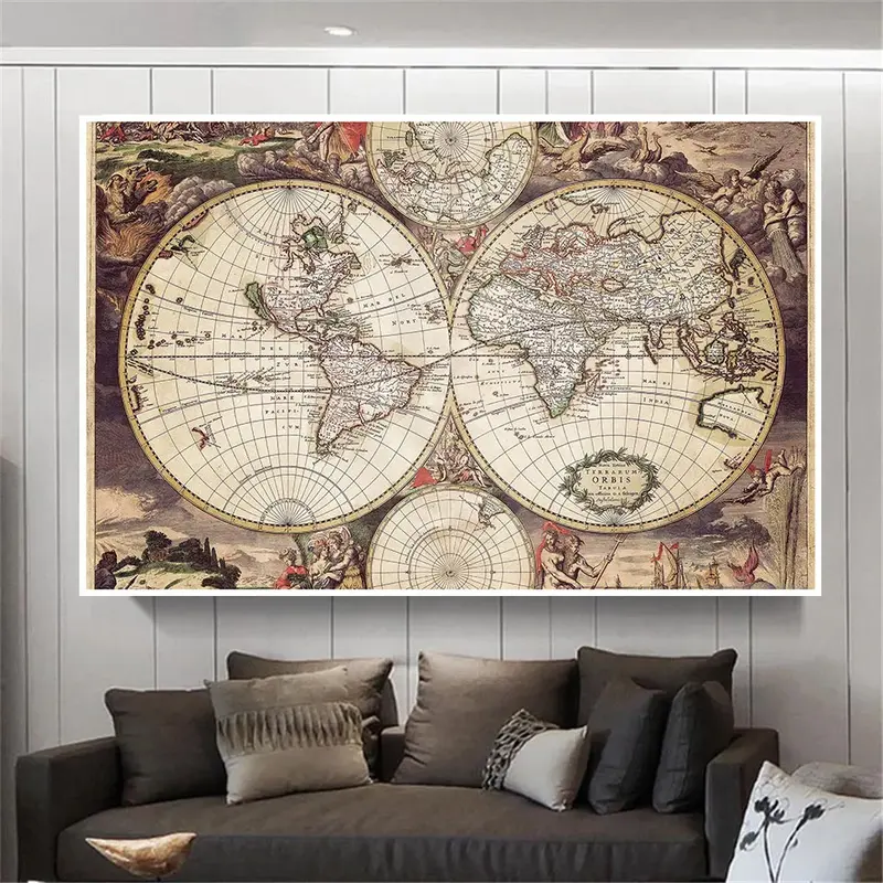 Póster de arte de pared Vintage del mapa del mundo para niños, pintura en lienzo no tejida, decoración del hogar, suministros escolares, 225x150cm