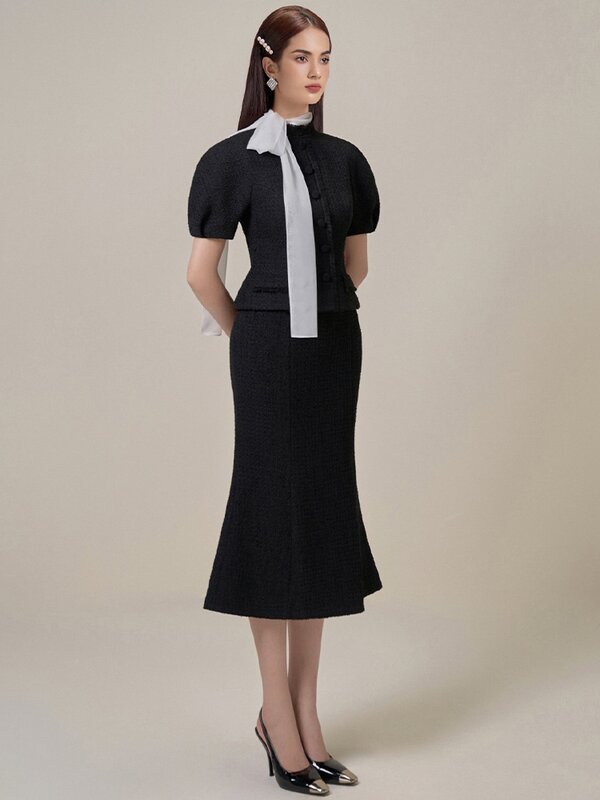 Kleermaker Retro Slim En Klassieke Zwarte Winter Tweed Licht Luxe Top En Fishtail Rok Semi-Formele Outfit