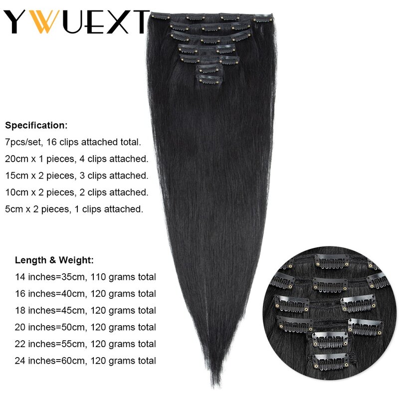 YWUEXT-clipes em extensões de cabelo, cabelo humano real, pacotes de cabelo reto natural, fornecimento do salão, 110-120g, 14-24 in, 7PCs por conjunto
