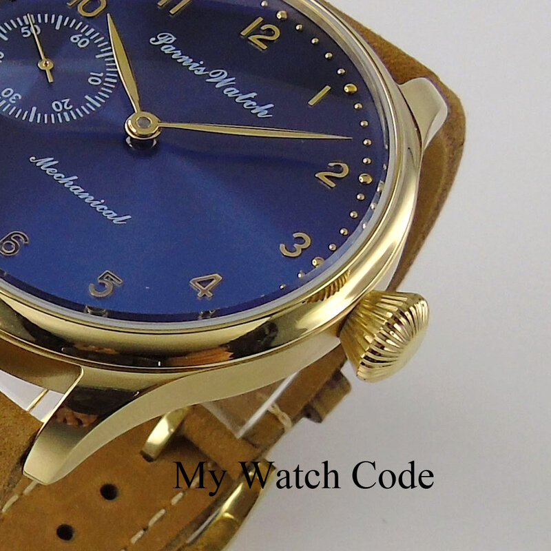 Vintage PARNIS Mechanical Hand Winding Watch Men Gold 44mm Steel Wristwatch Sport 17 Jewels 6497 Movtt Khaki Band Glass Back