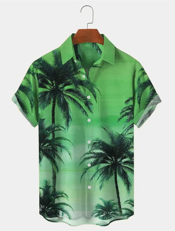 قميص هاواي للرجال مع مطبوعات جرافيك ، شجرة النخيل ، أكمام قصيرة ، زر لأسفل ، ملابس الشوارع ، الصيف ، أسفل