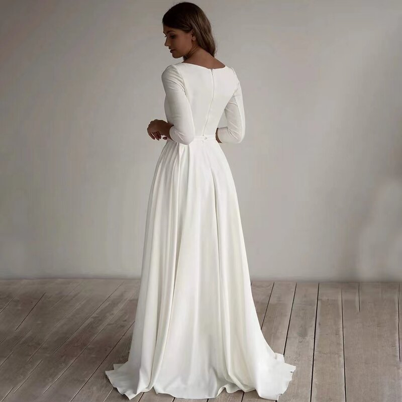 Flavinke Simple Wedding Dresses Long Sleeves A Line Crepe Boat Neck Elegant Bridal Dresses With Pockets Plus Size robe de mariee