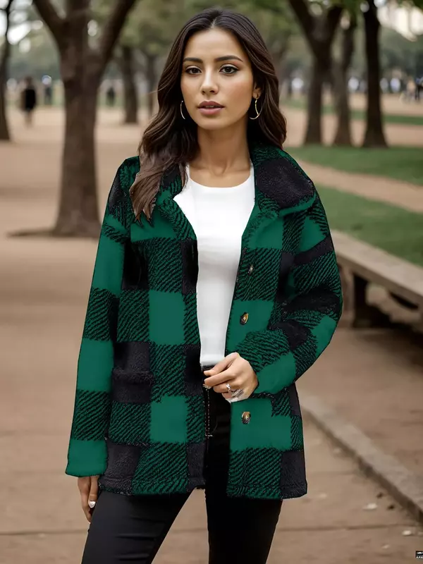 Autumn and Winter Women's Polo Collar Plaid Contrast Button Pocket Flocking Long Sleeve Cardigan Coat Fashion Casual Tops