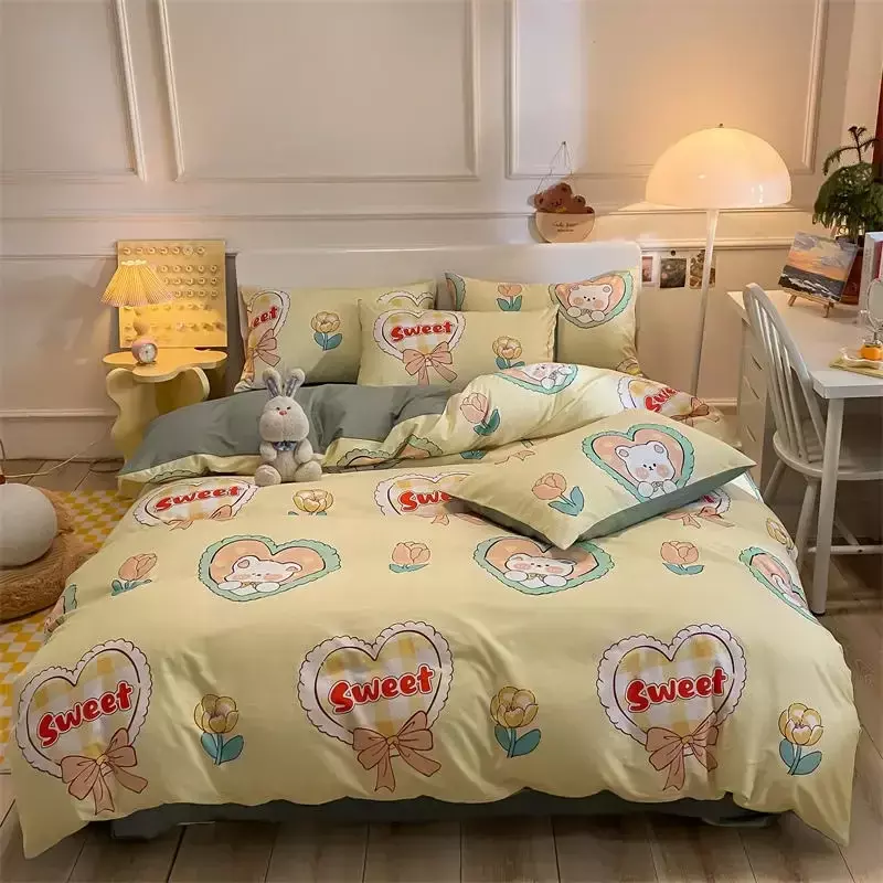 Modern Cartoon Cotton Bedding Set Duvet Cover Bed Sheet Pillow Case King Queen Single Size Bear Bed Linen Set