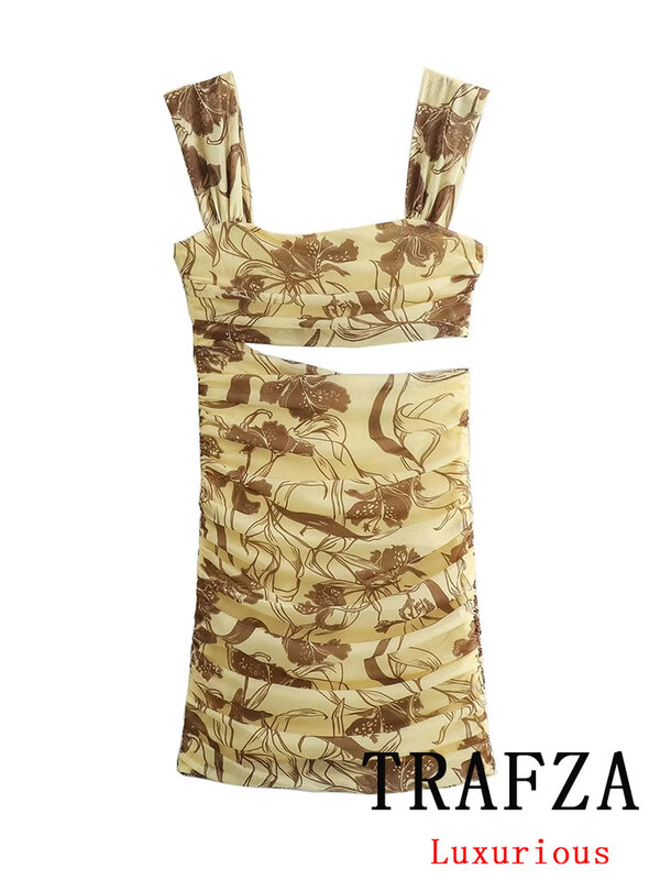 TRAFZA Vintage Chic Print Women Dress Cami Strap Hollow-out Short Vestidos New Fashion 2024 Summer Sexy Party Female Dress