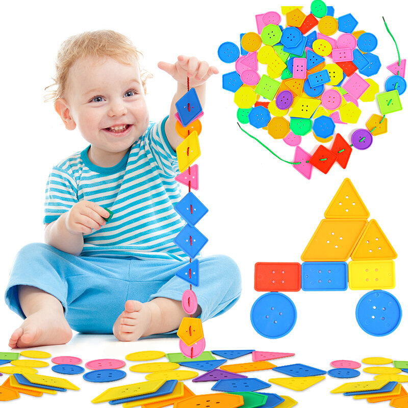 Rompecabezas de hilo de botón geométrico para bebé, juguetes educativos para niños, ayudas para la enseñanza de la Coordinación mano-ojo, Piercing de plástico