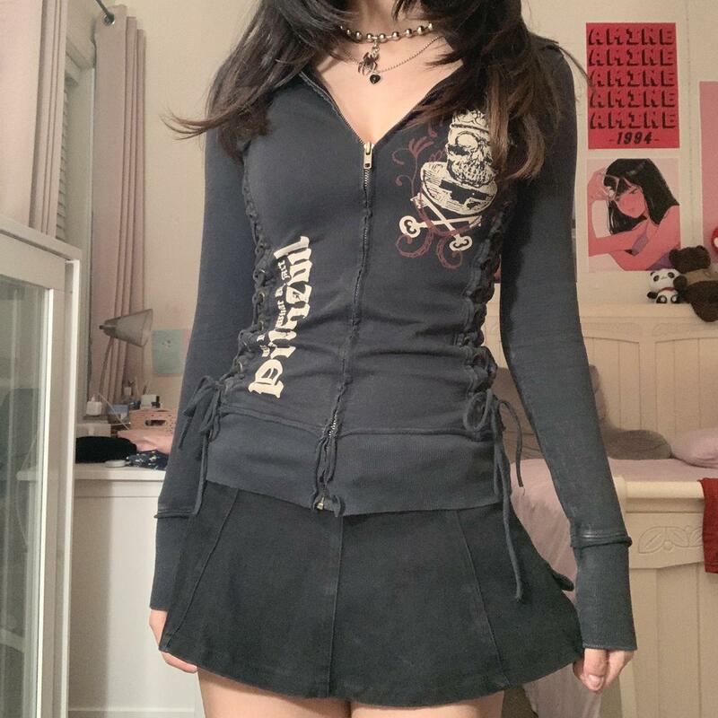 Dourbesty-Sudadera Vintage Bandage con cremallera para mujer, Tops cortos de manga larga con estampado estético Y2k, chaquetas Retro Grunge de los años 2000