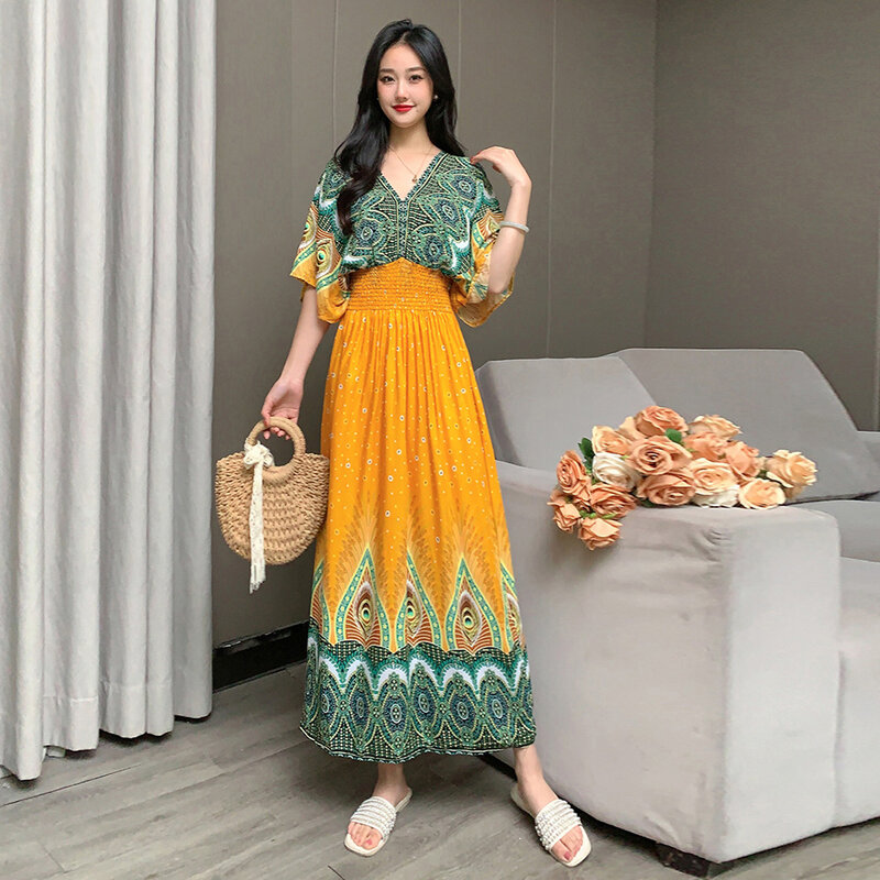 Robe Frauen lässig elegant Retro Bohemian V-Ausschnitt Bohemian Korean Print Sommer lange Kleid Kleidung Oberbekleidung Urlaub Stil