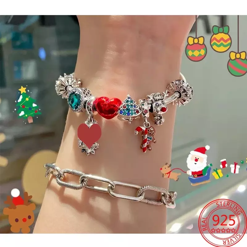 2023 original Weihnachts auto & Baum Rentier Maus Charme rote Herz Perlen passen Pandora Armband Sterling Silber Schmuck Geschenk