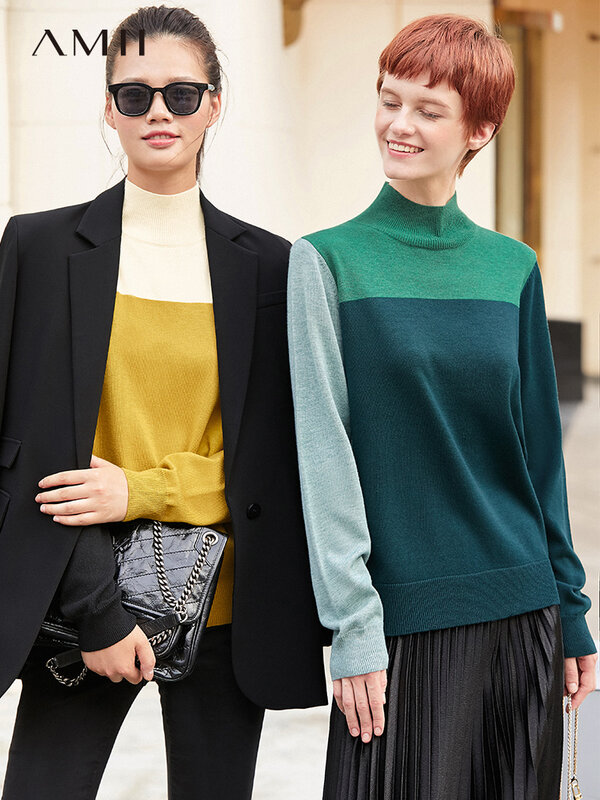 AMII Minimalism Autumn Women's Sweater Temperament Contrasting Color Design Turtleneck Women Pullover Female Tops 12040377