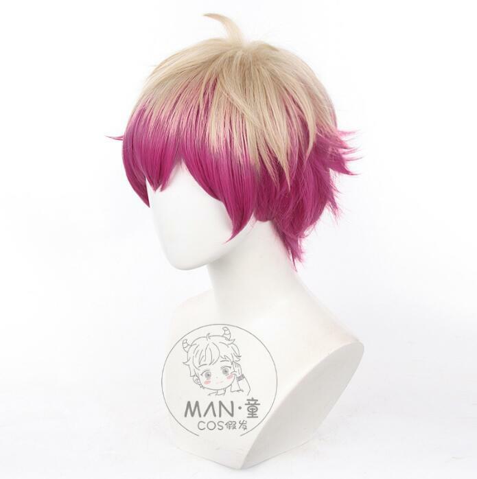 Peruki męskie syntetyczne krótkie proste lniane peruka termoodporna do włosów Anime Cosplay w kolorze różowej czerwieni na imprezę