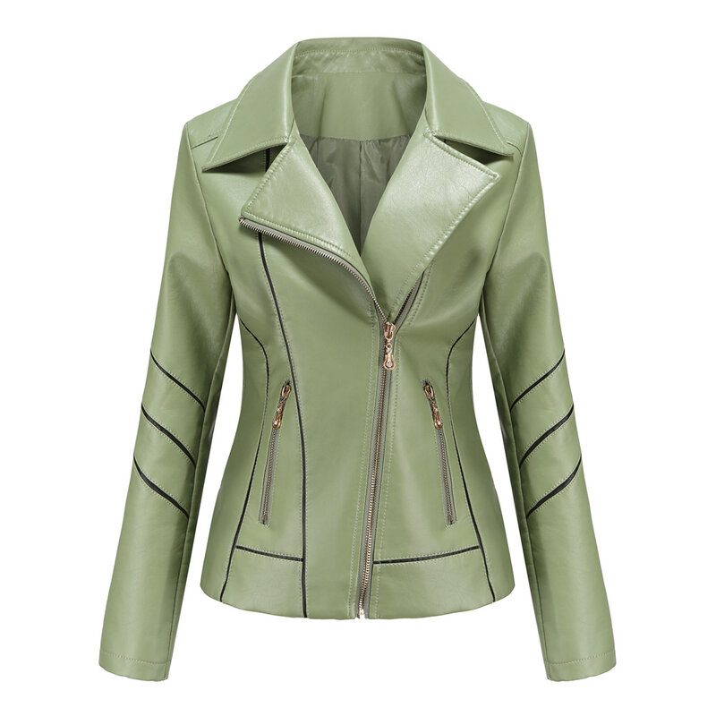 Bonita roupa pop europeia e americana de couro, casaco fino em PU feminino, jaqueta de motocicleta, primavera e outono