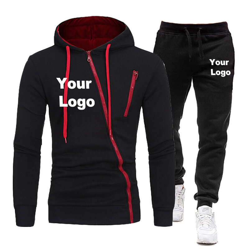 Custom Logo Spring and Autumn Men's New Fashion Multi-Zipper Hooded Sweater Suit Casual Sports Solid Color Sweater Pants Suit