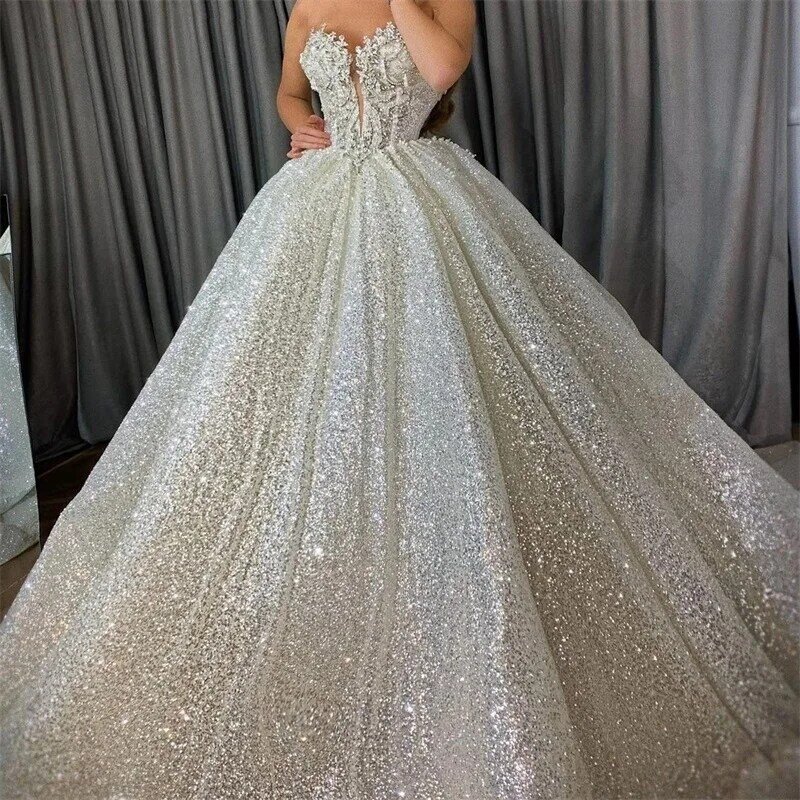 Glitter Crystals Ball Gowns Luxury Bling Sequins Beads Sweetheart Church Wedding Dress Custom Made Lace Up Back Vestido de novia