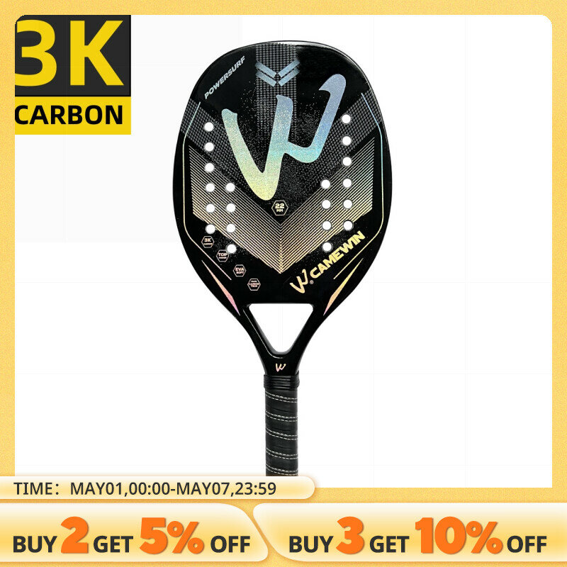 Racket Beach Tennis Camewin 3K Holographic Full Carbon Fiber Frame Feminino Masculina Kit Rude Surface Treatment Beginner