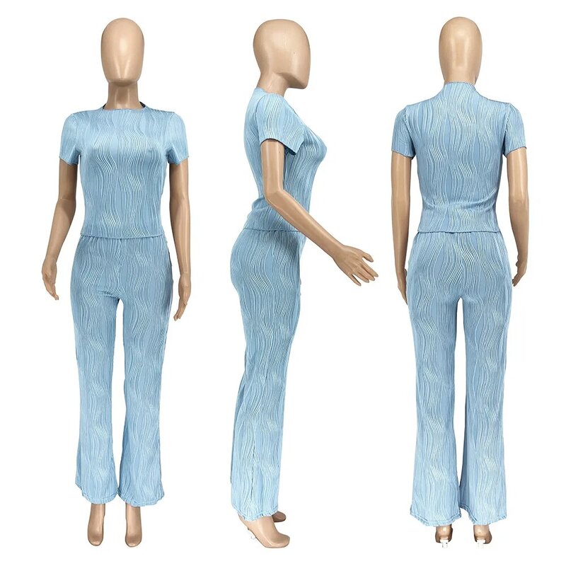 Summer Casual Woman Suit Solid Color Wave Line O-neck Two-pieces Suit T-shirt wit'hLong Pants Elegant Sexy Clothing