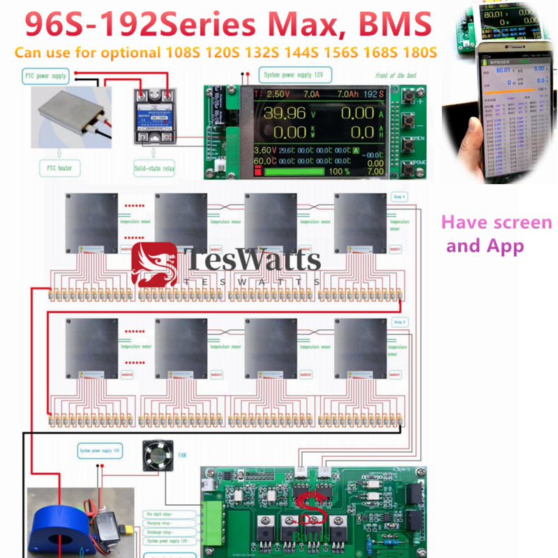 릴레이 포함 스마트 YL DIY BMS LiFePO4 리튬 이온 LTO, 블루투스 호환 앱 모니터, 태양광 LCD 디스플레이, 4S-192S 200A