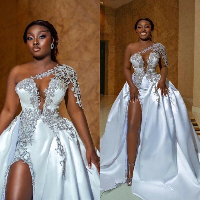 Luxury Crystals Wedding Dress Detachable Train One Shoulder Appliqued Beads Side Split Bridal Gown Custom Made Robes De Mariée