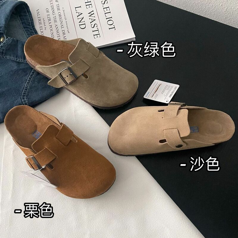 Women's Slippers Summer 2023 Genuine Leather Cork Round Toe Couple Flat Shoes Man Outdoor Casual Shoes Suede Foam Ladies Shoes